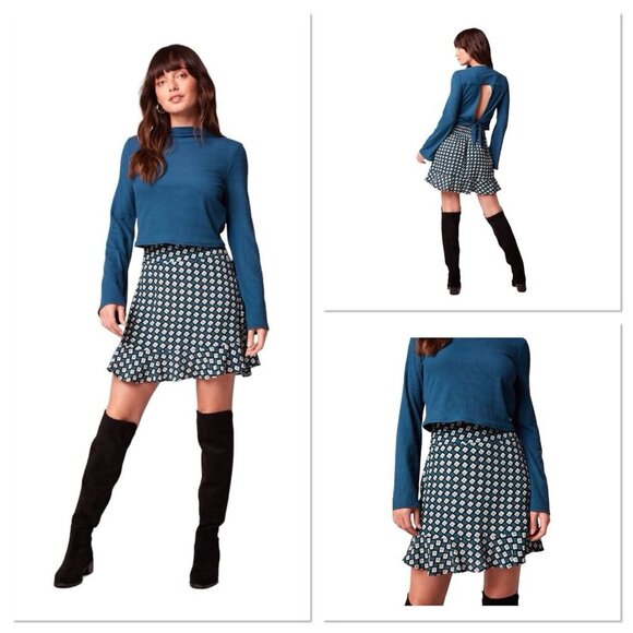Band of The Free‎ COLETTE TEAL DIAMOND MINI A Line Ruffle SKIRT Women Small New - Picture 1 of 9